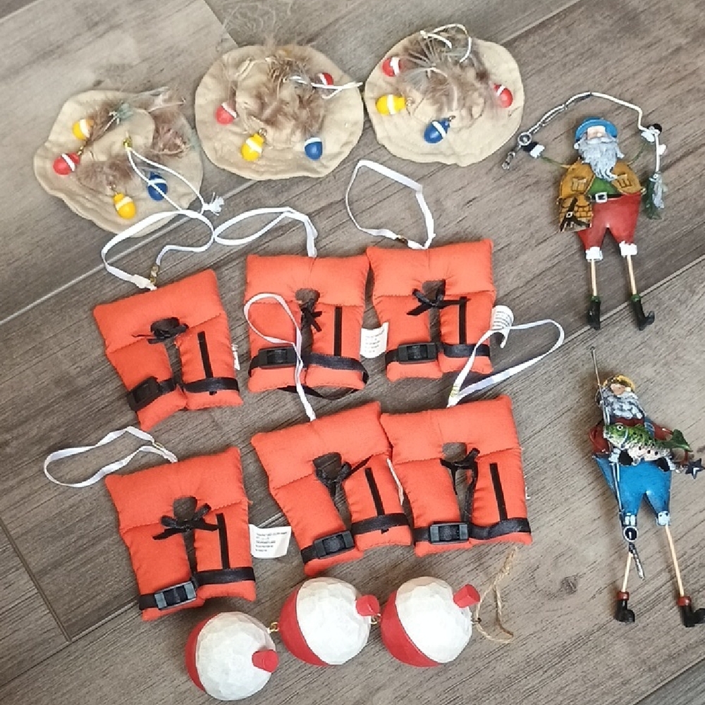 Orange Life Vest/Fishing Hat/Bobbers/FishingMan  Set Of 12 Christmas Ornaments